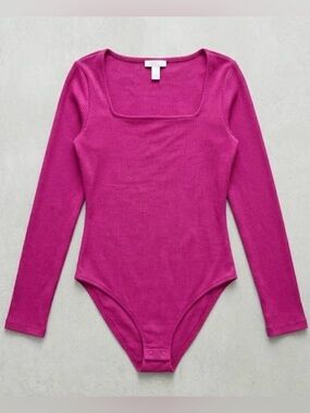 Vibrant Magenta Ribbed Bodysuit | Square Neck Long Sleeve | xs | Old Navy